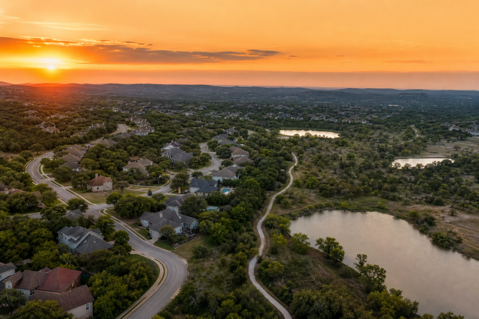 Central Texas neighborhood near Round Rock at golden hour