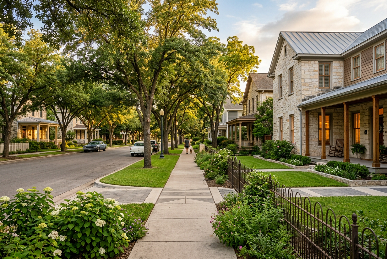 A tree lined Central Texas street at golden hour