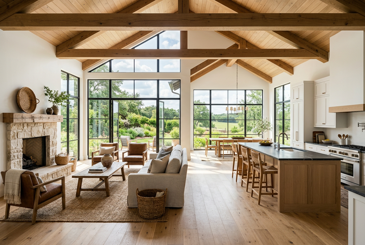 A living room with a limestone fireplace, styled for listing photography